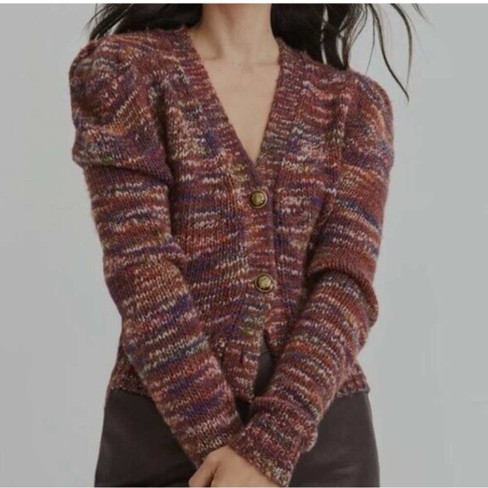 Veronica Beard Amosa Space Dye Puff Sleeve V Neck Cardigan Burgundy S $448